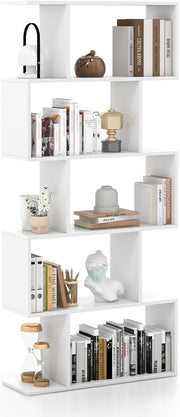 S Shaped 5 Tier Wooden Bookcase Freestanding Display Storage Shelf White