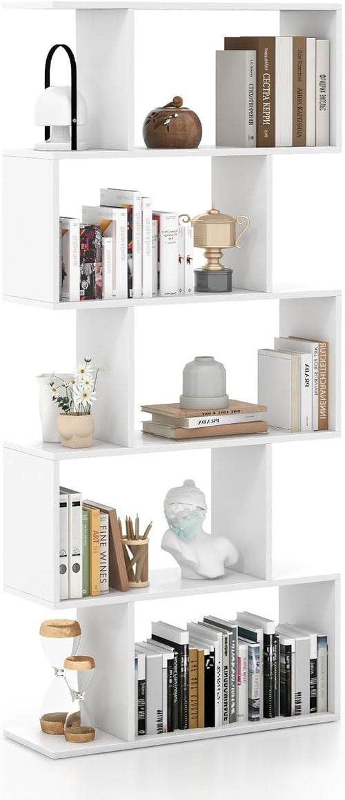S Shaped 5 Tier Wooden Bookcase Freestanding Display Storage Shelf White