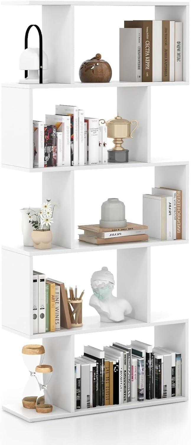 S Shaped 5 Tier Wooden Bookcase Freestanding Display Storage Shelf White