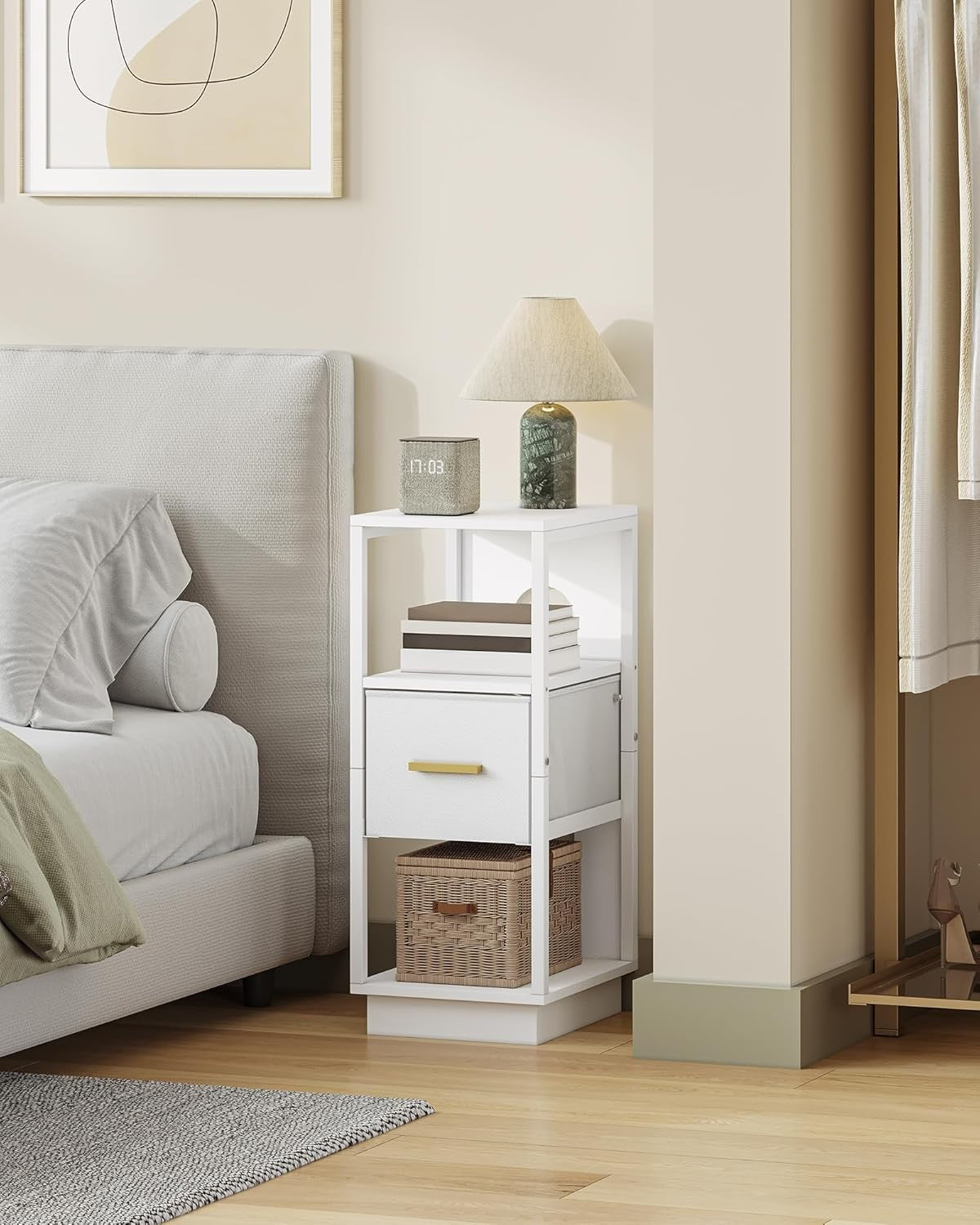 Slim White Bedside Table with Fabric Drawer – Modern Narrow Nightstand with Shel