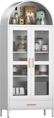 185cm Metal Arched Storage Cabinet White | Glass Doors & Drawer
