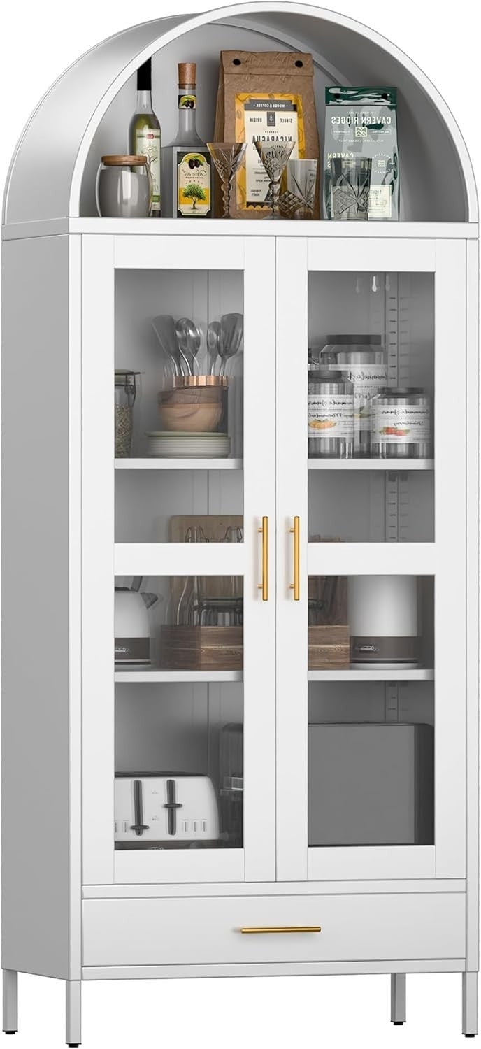 185cm Metal Arched Storage Cabinet White | Glass Doors & Drawer