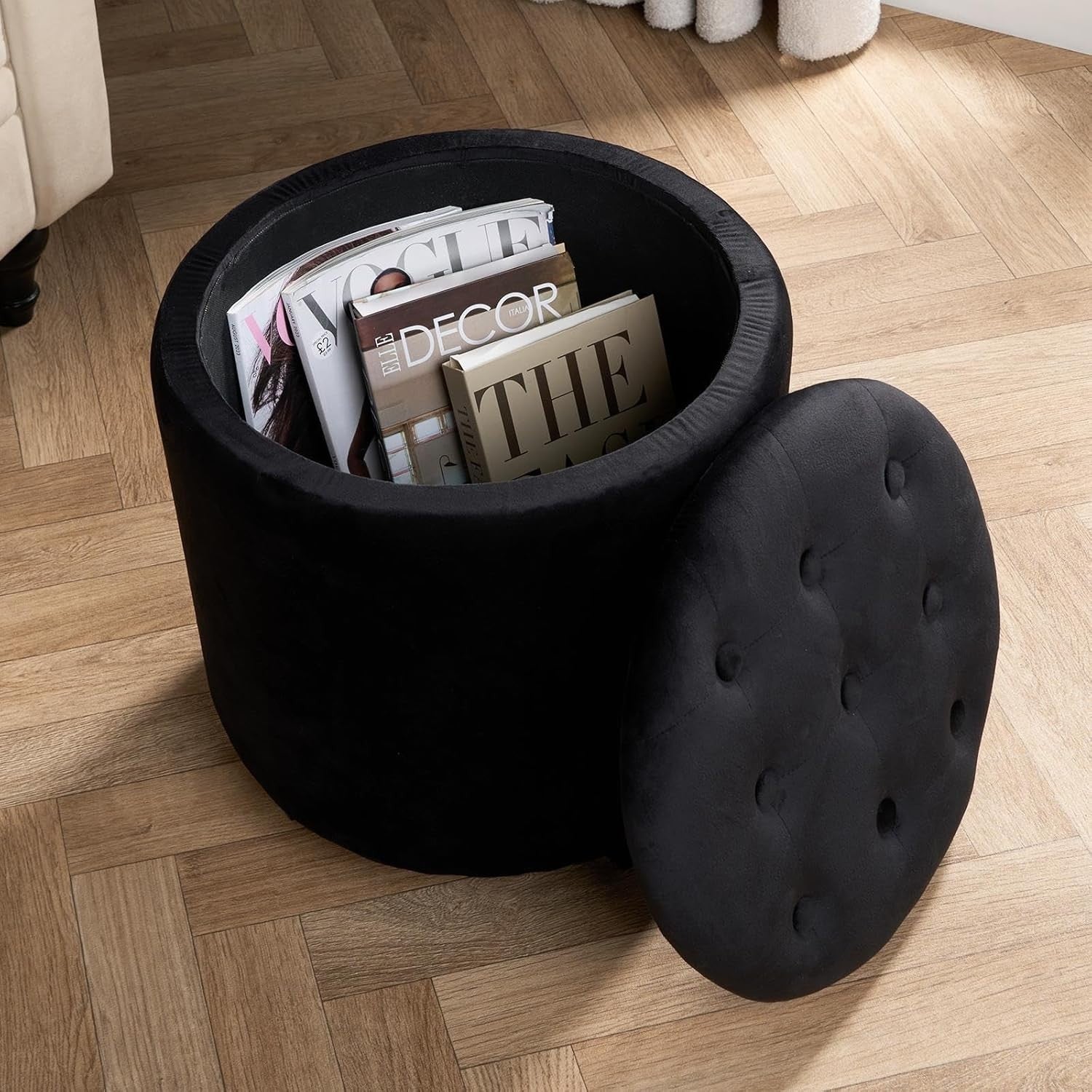 Black Matte Velvet Button-Top Storage Ottoman Round Dressing Table Stool
