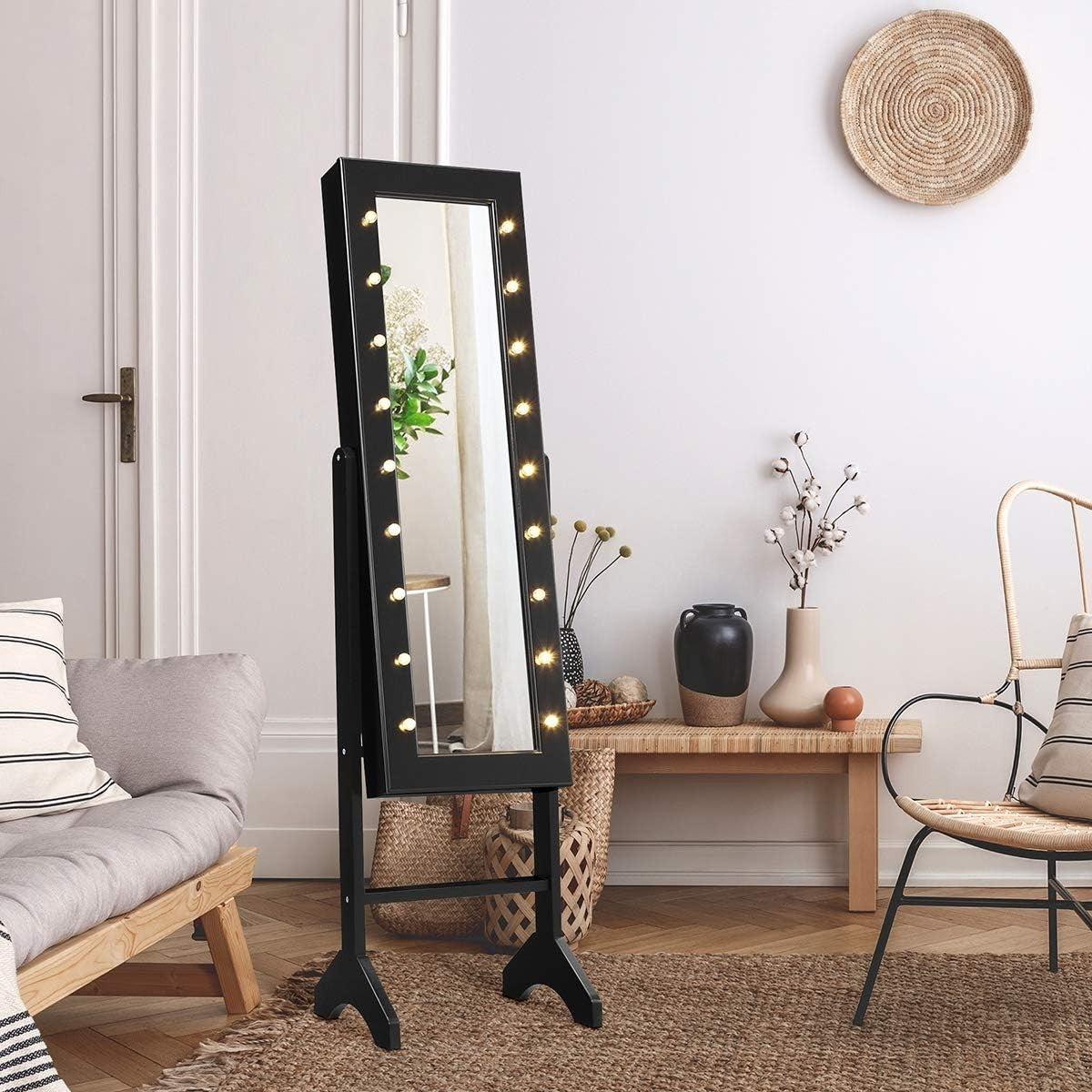 Black LED Jewelry Cabinet Standing Mirror Lockable Adjustable Storage