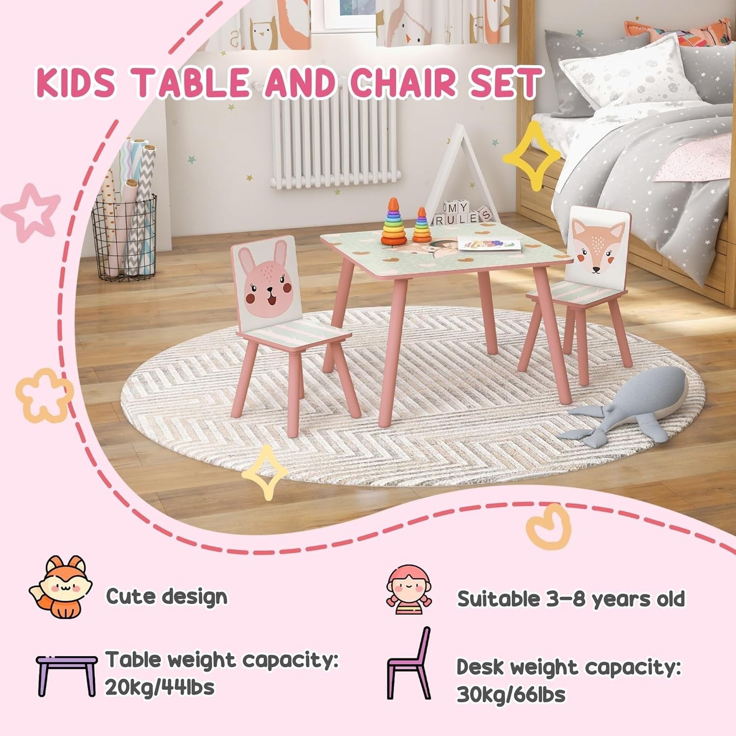 Kids Table & Chairs Set with Easel, Chalkboard & Paper Roll, Pink