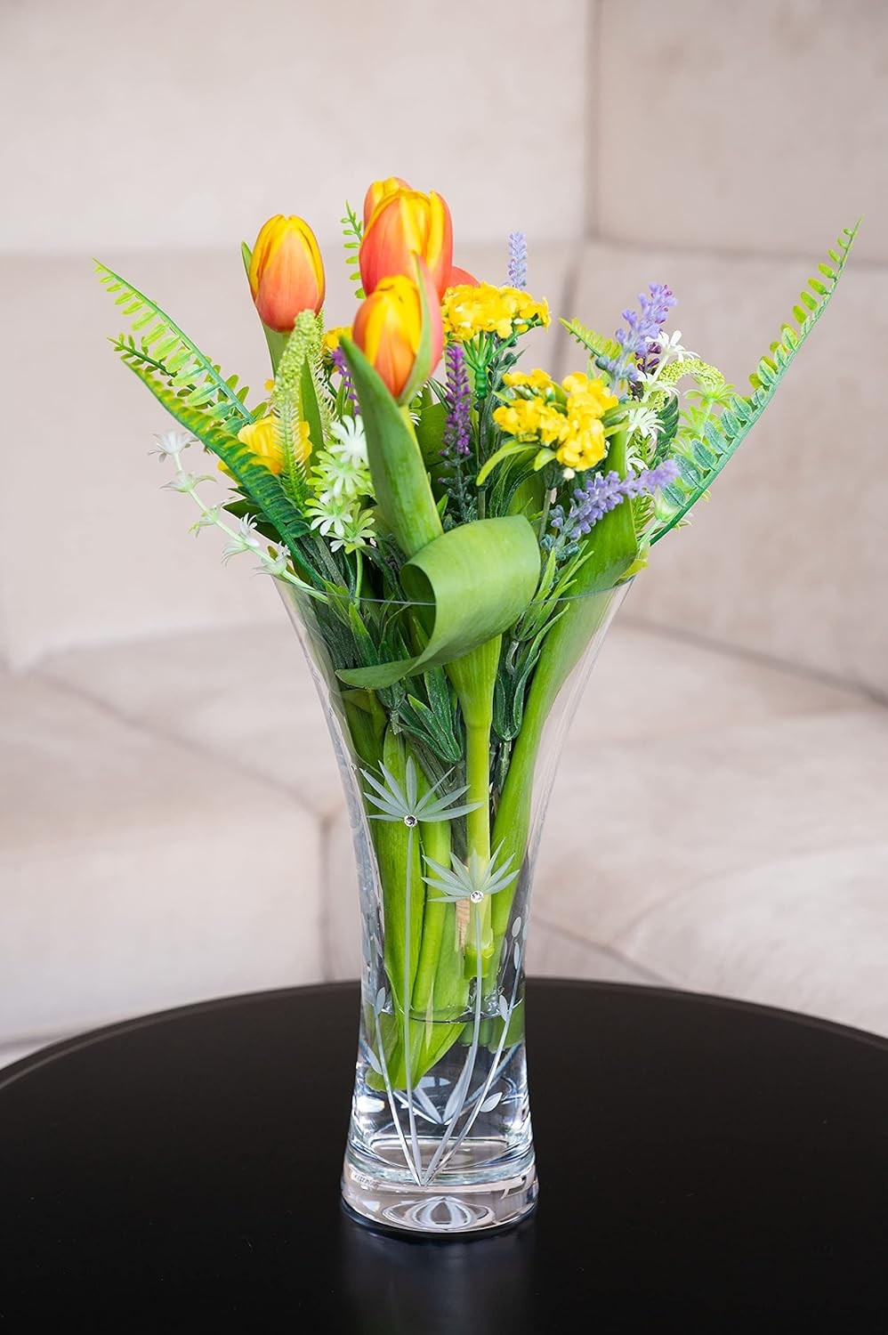 Crystal Glass Trumpet Flower Vase 25cm Tall Hand Cut Floral Home Décor
