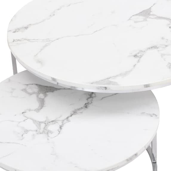 Round Marble Nesting Coffee Table Set 2 Art Deco White Chrome Modern Side Tables