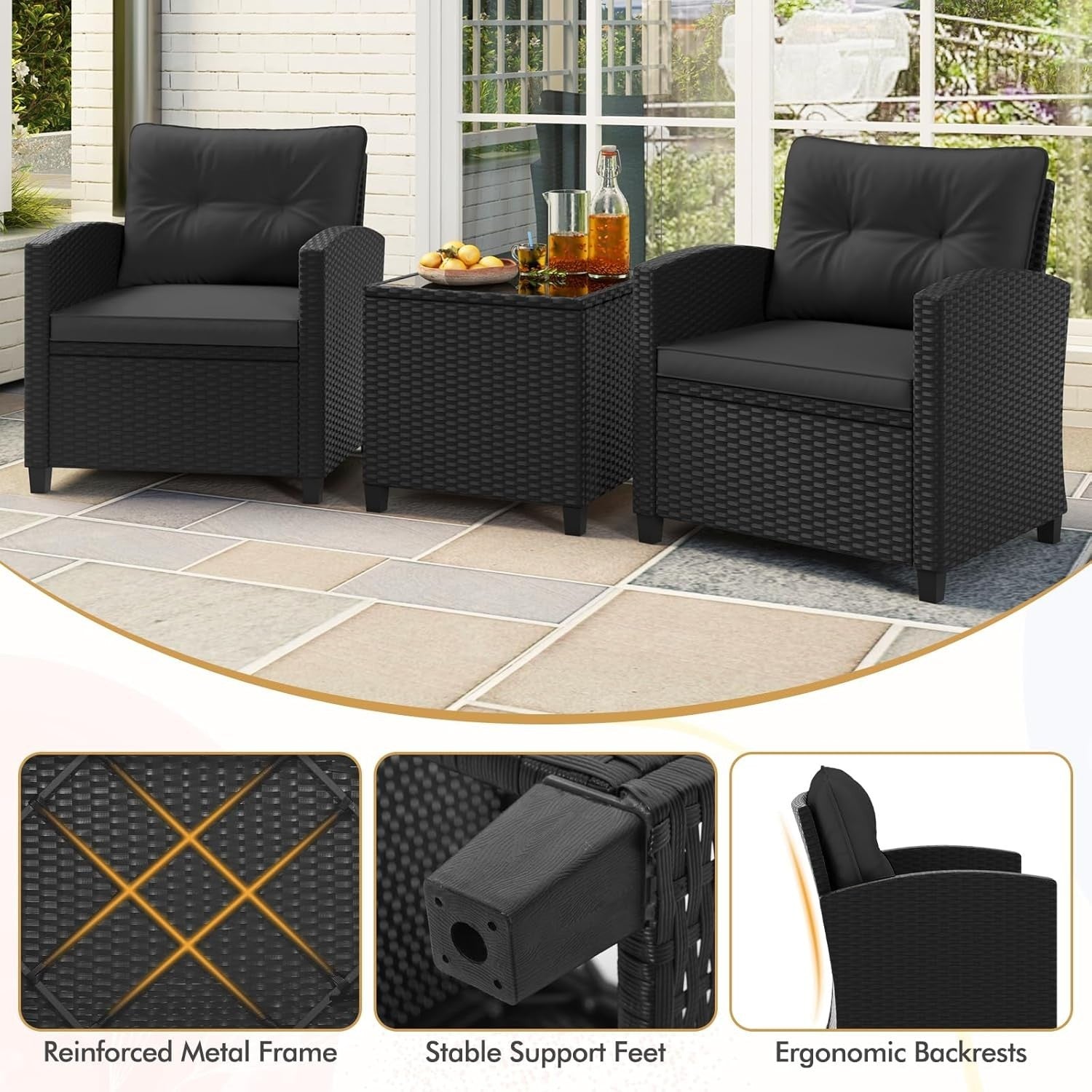 3pc Outdoor Rattan Bistro Set Cushioned Chairs & Glass Coffee Table Patio