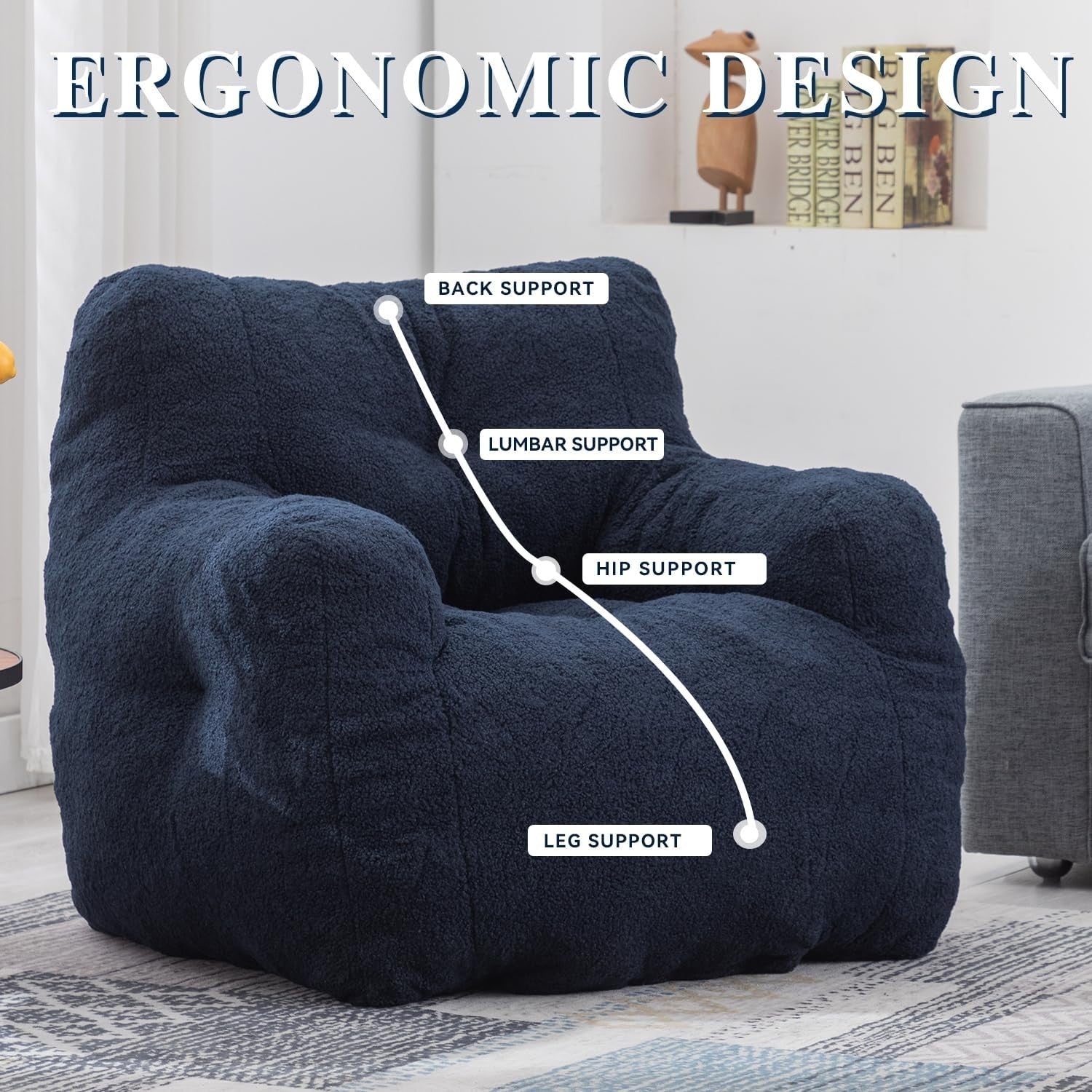 Blue Memory Foam Bean Bag Chair | Large Teddy Sofa Seat for Adults Room