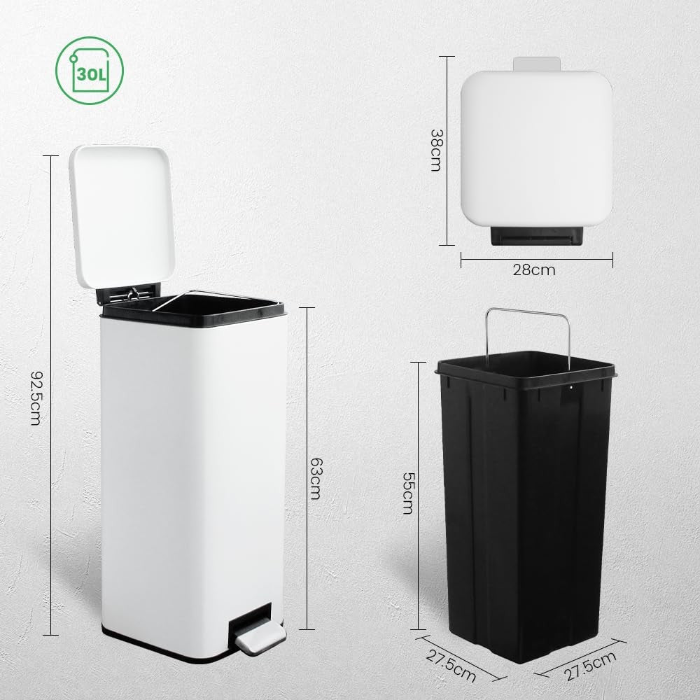 30L Kitchen Pedal Bin Soft Close Square White Stainless Steel