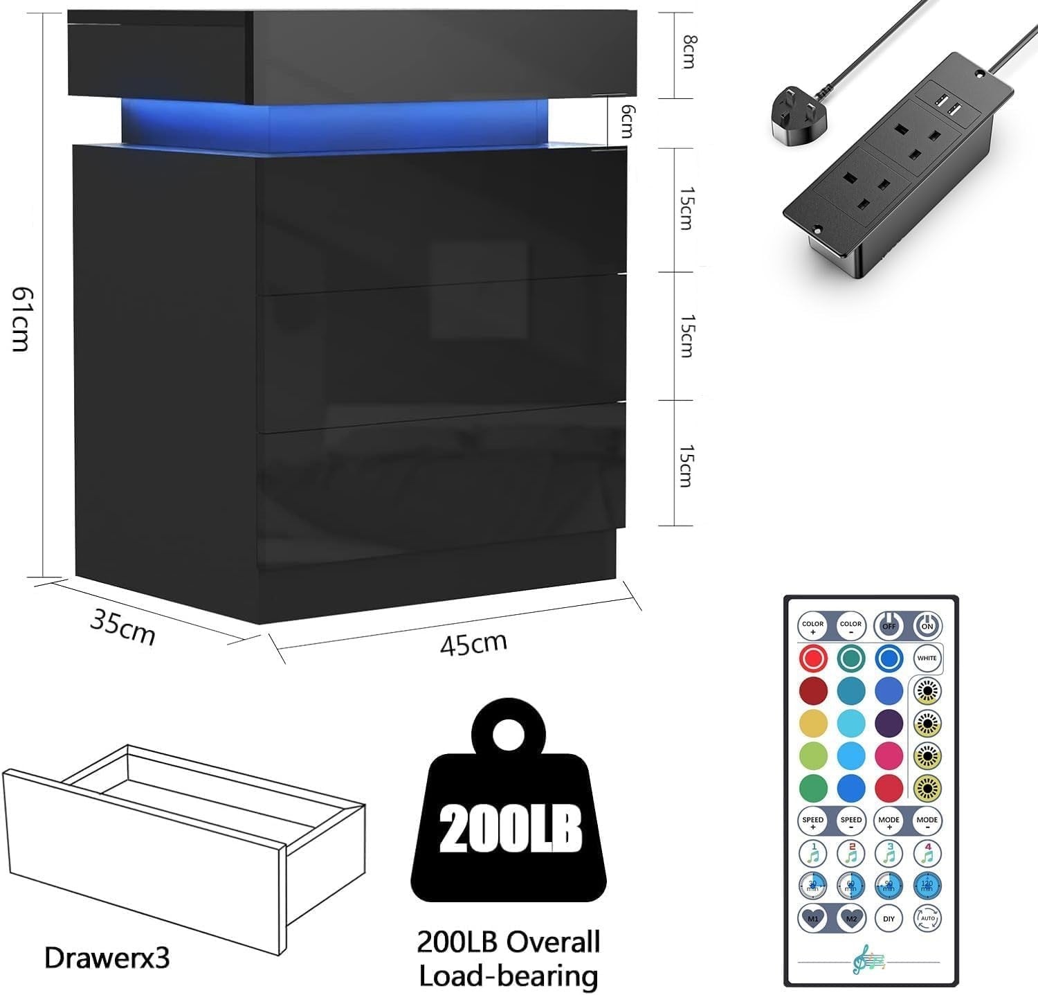 Modern LED Bedside Table with USB Charging, 3 Drawers, Hidden Storage