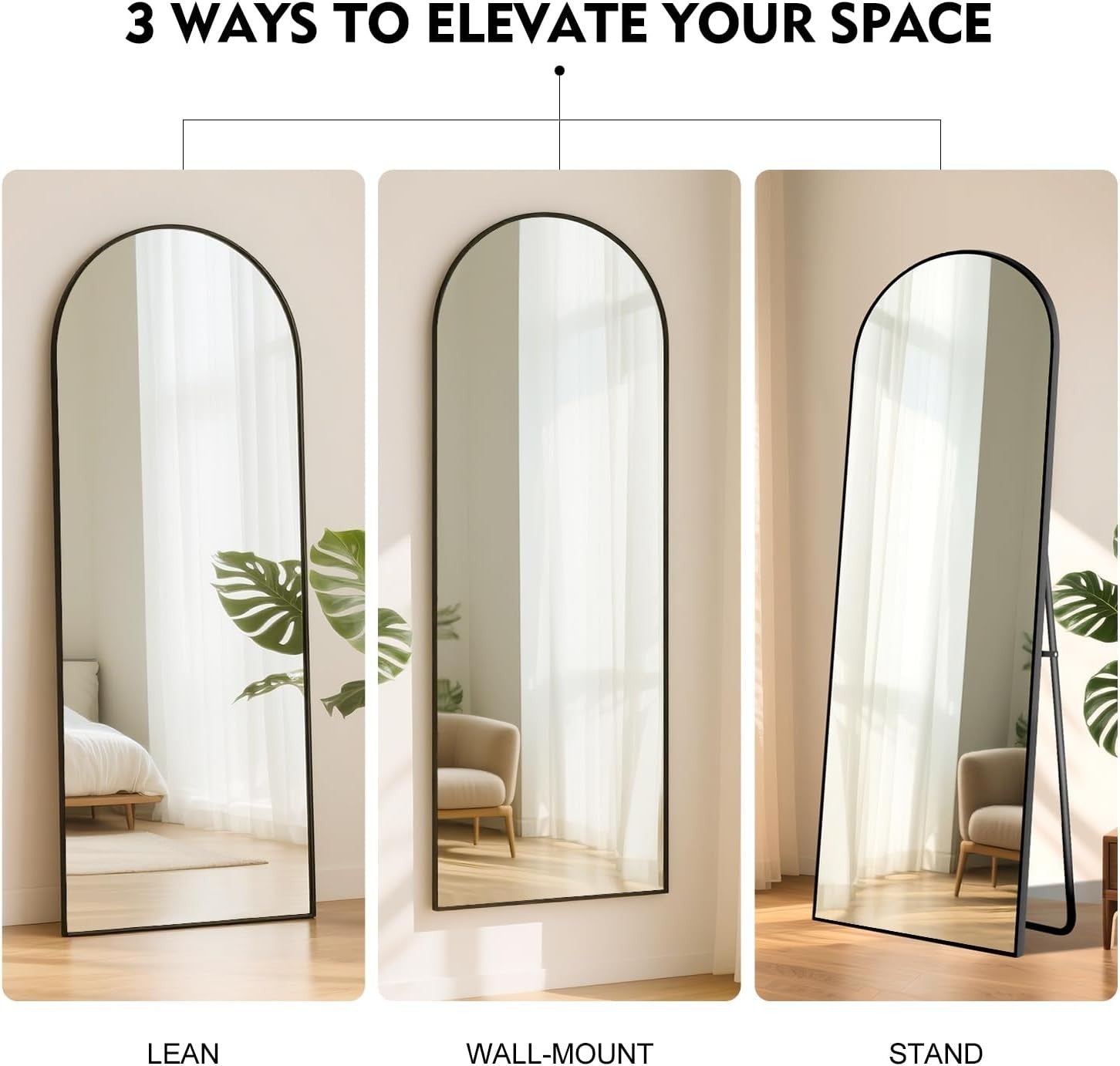 Full Length Arch Mirror 165x60cm Black Frame Tempered Glass Free Standing