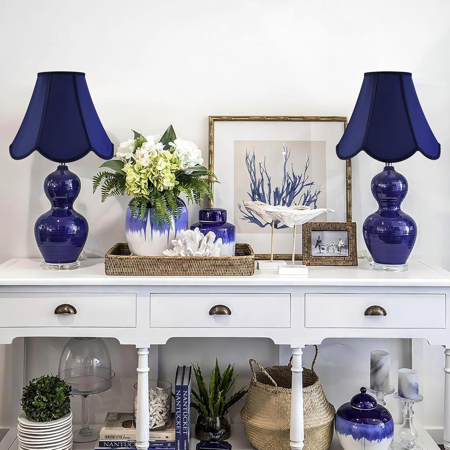 Navy Blue Bell Lamp Shades 2pc -Petal Edge Braid Scalloped Medium