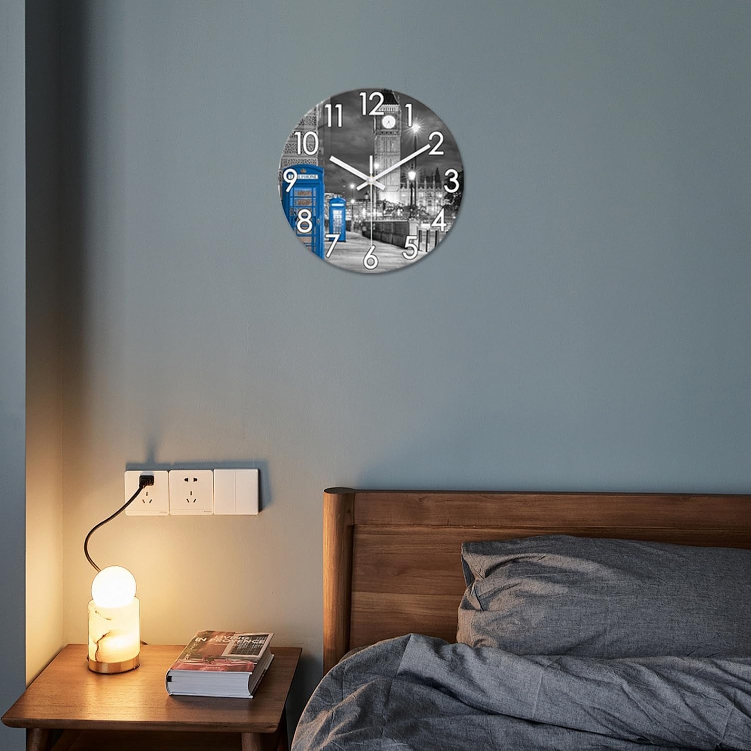 12" London Wall Clock Grey Silent Round Glass Modern Home Decor