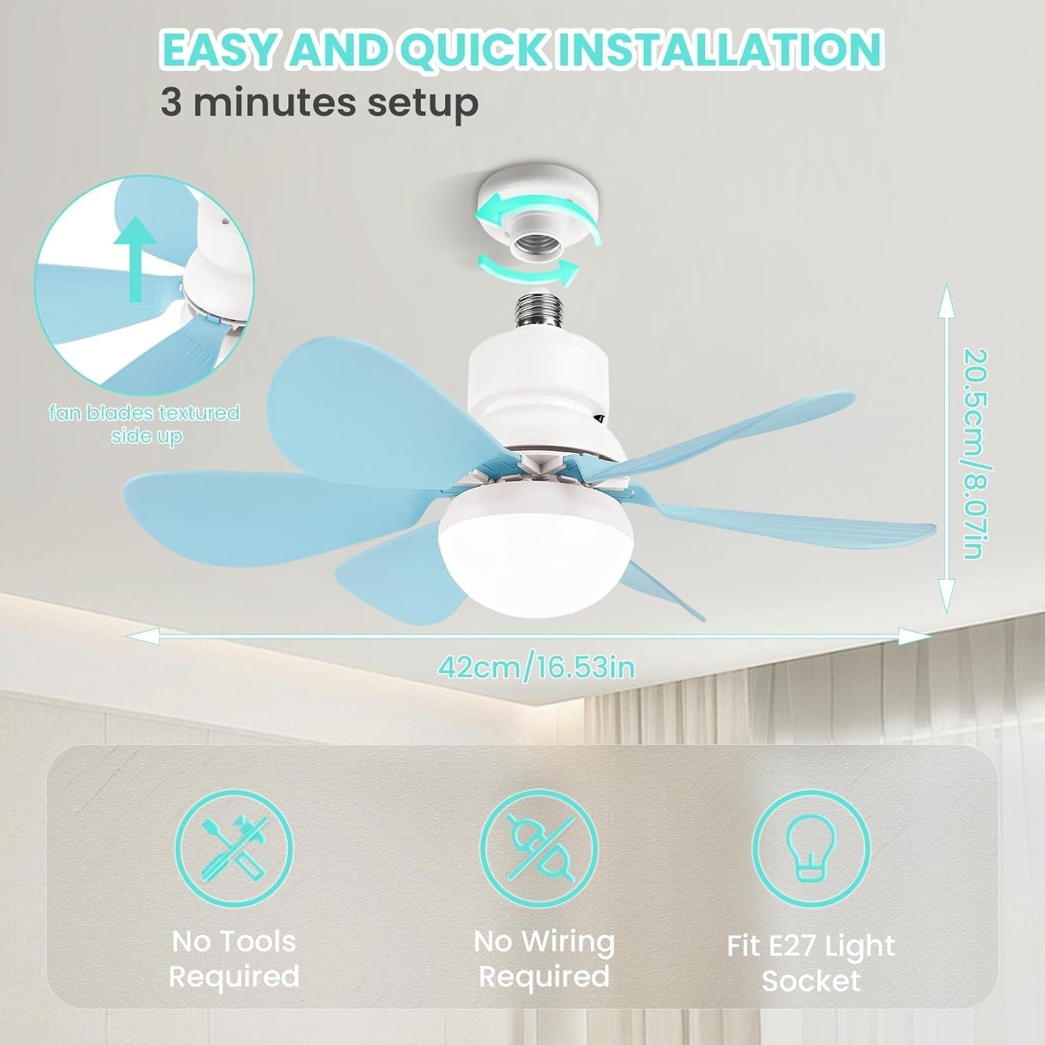 30W Ceiling Fan with Lights Dimmable 6 Blades 3 Colors 3 Speeds Blue