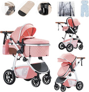 3-in-1 Baby Stroller Travel System Car Seat Pram Adjustable Handle Pink