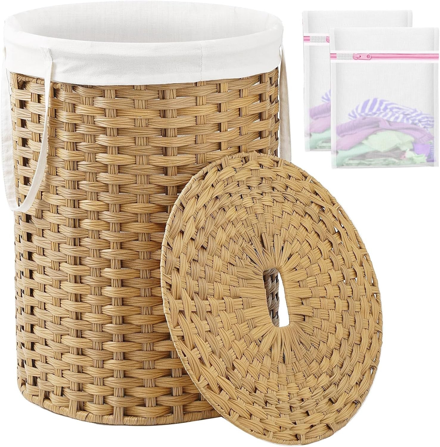 110L Round Rattan Laundry Basket with Lid Large Woven Hamper Natural Storage