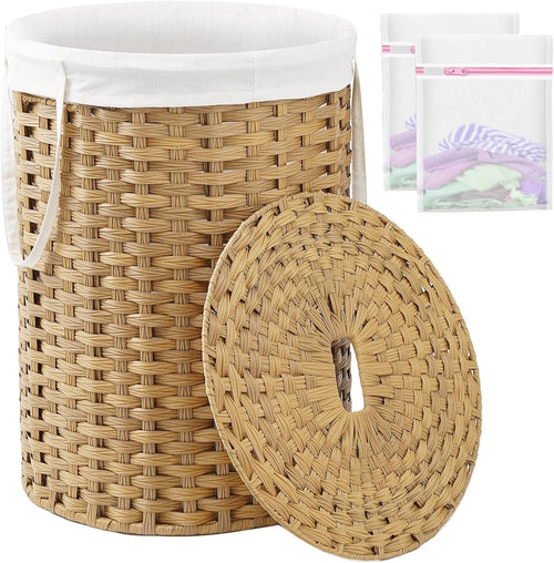110L Round Rattan Laundry Basket with Lid Large Woven Hamper Natural Storage
