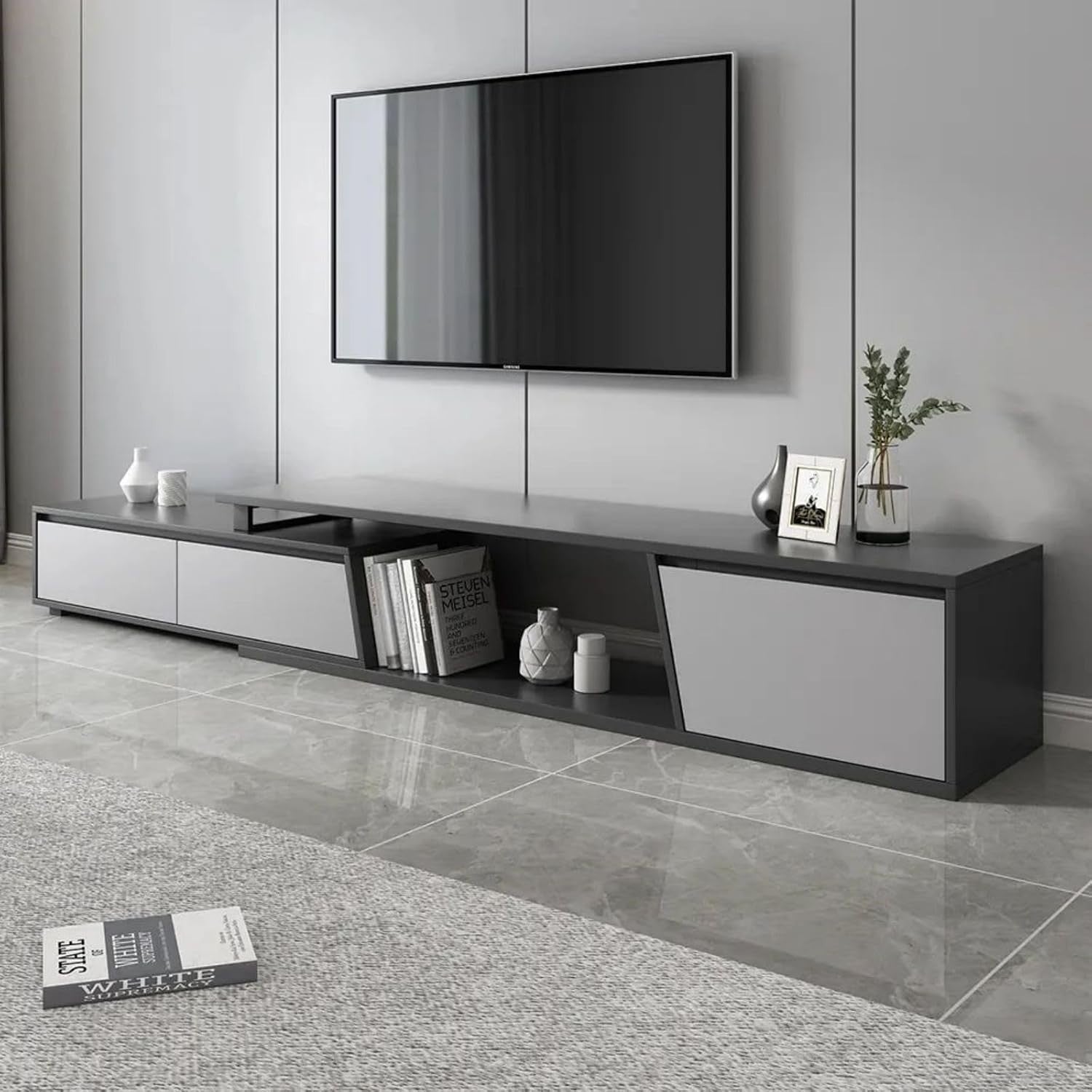 Extendable TV Console Gray with 3 Drawers Modern Entertainment Stand 110"