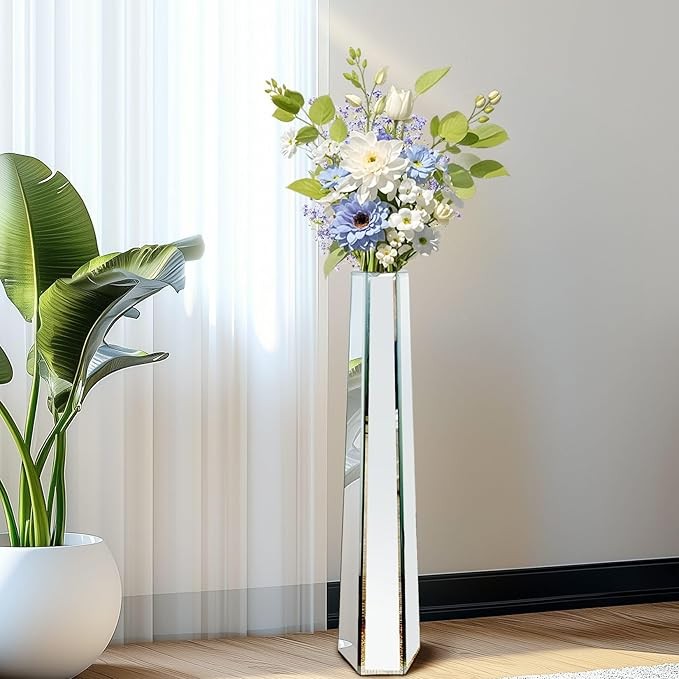 Extra Tall Mirrored Floor Vase 77cm Silver Glass Pampas Flower Decor