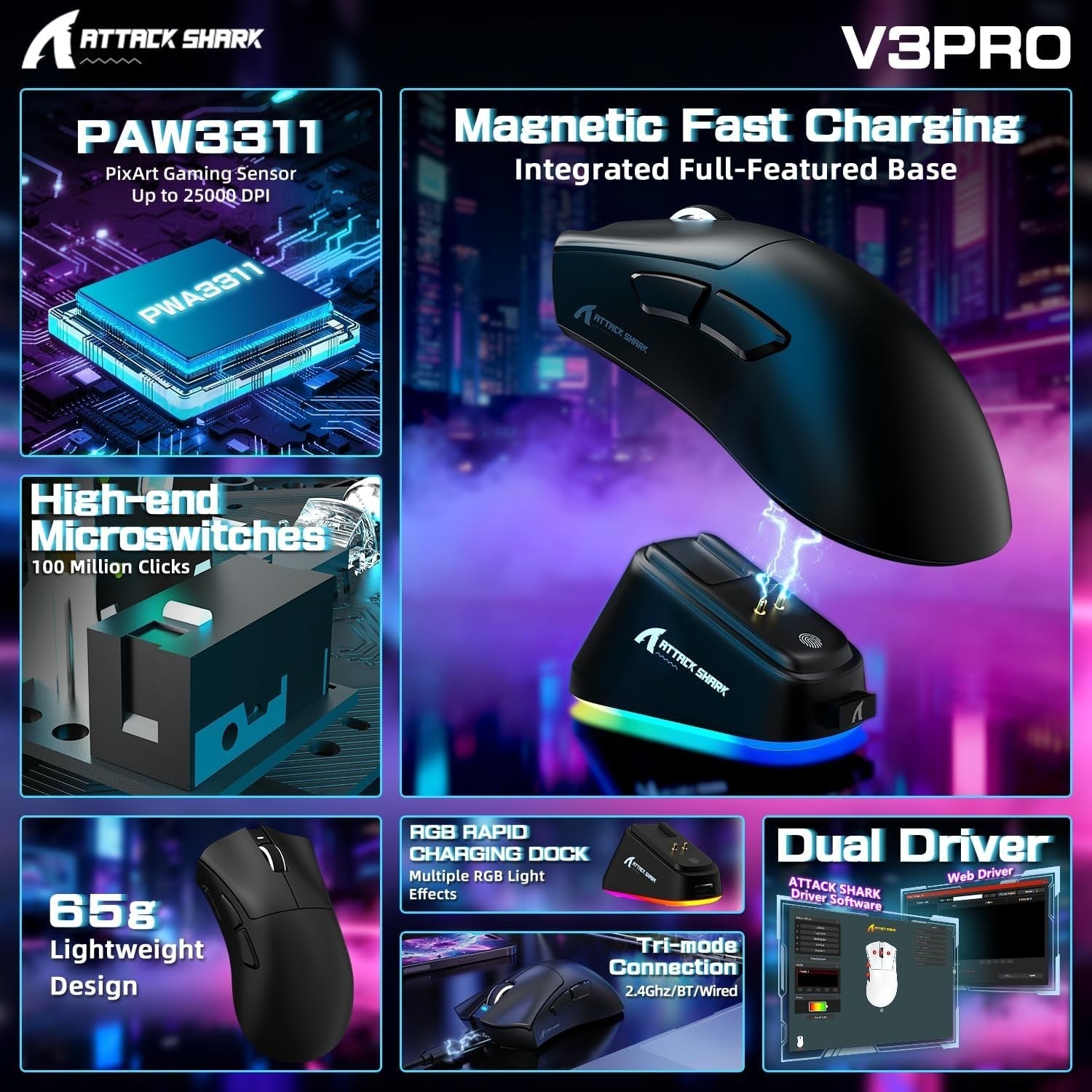 Wireless Gaming Mouse 25000 DPI 65g RGB Dock 100M Clicks Black