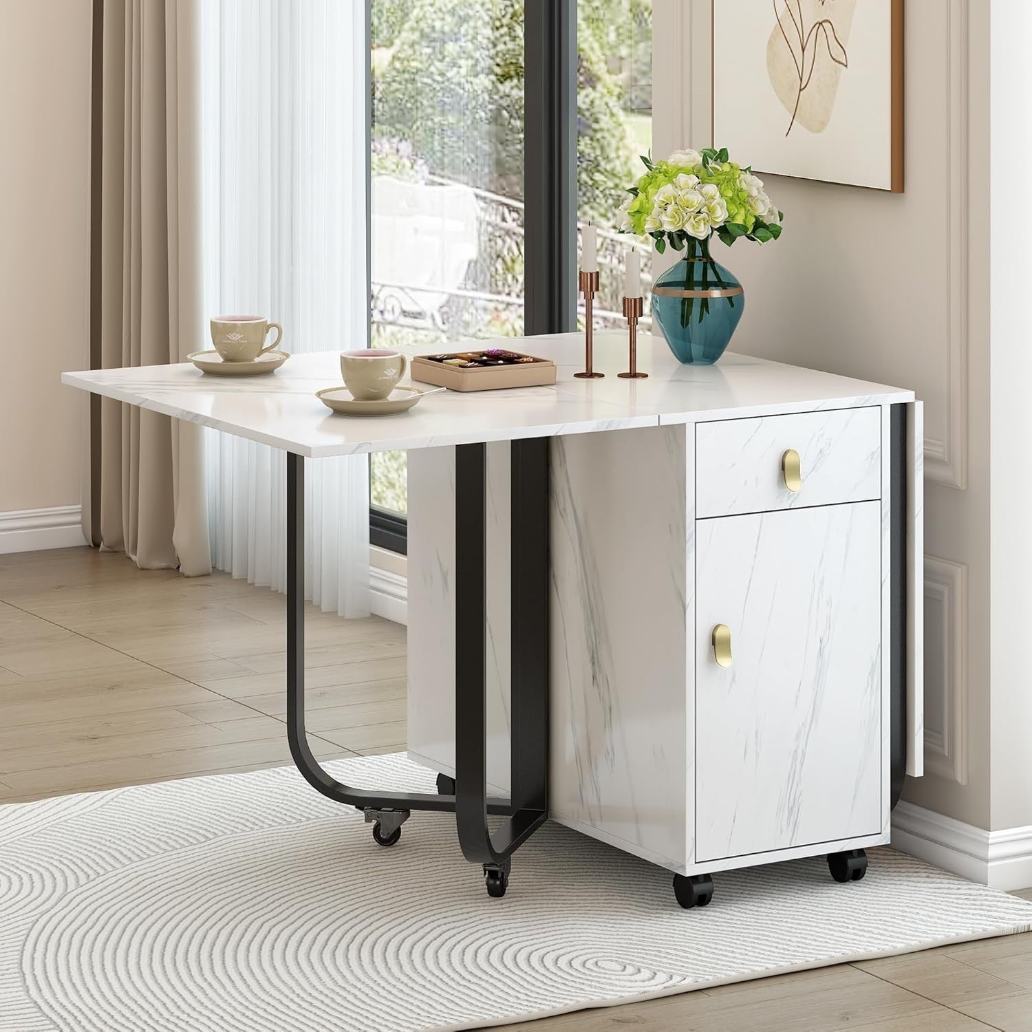 Folding Kitchen Island Unit  - Marble Dining Table with 2 Storage Drawers