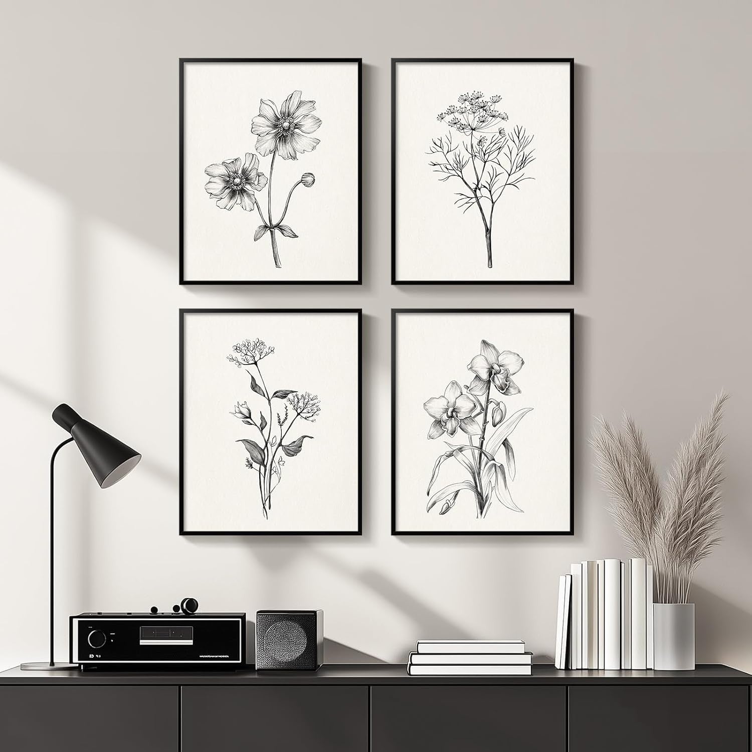 4-Piece Black White Floral Canvas Wall Art Framed Modern Farmhouse Decor