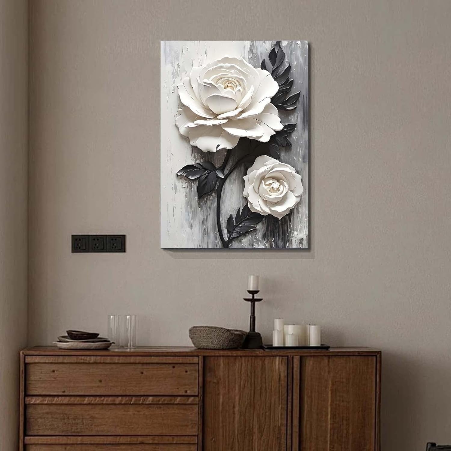 White Rose 3D Floral Canvas Wall Art 12x16 Framed Modern Bedroom Decor