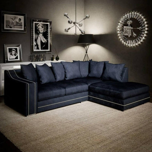Charcoal Chenille RH Corner Sofa 4-Seater with Studded Arms & Cushions