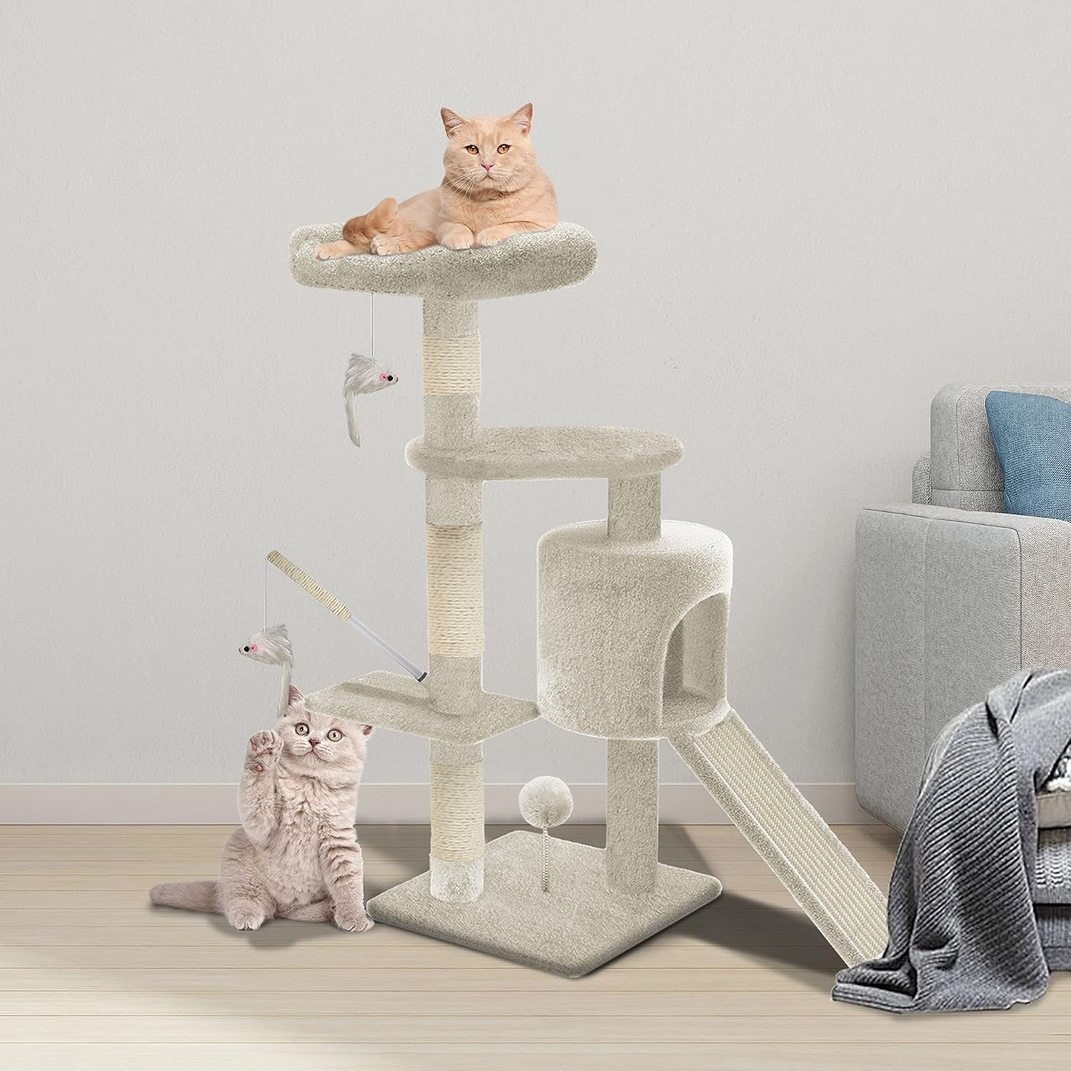 Cat Tree Scratching Post 112cm Activity Centre Condo Ramp Beige