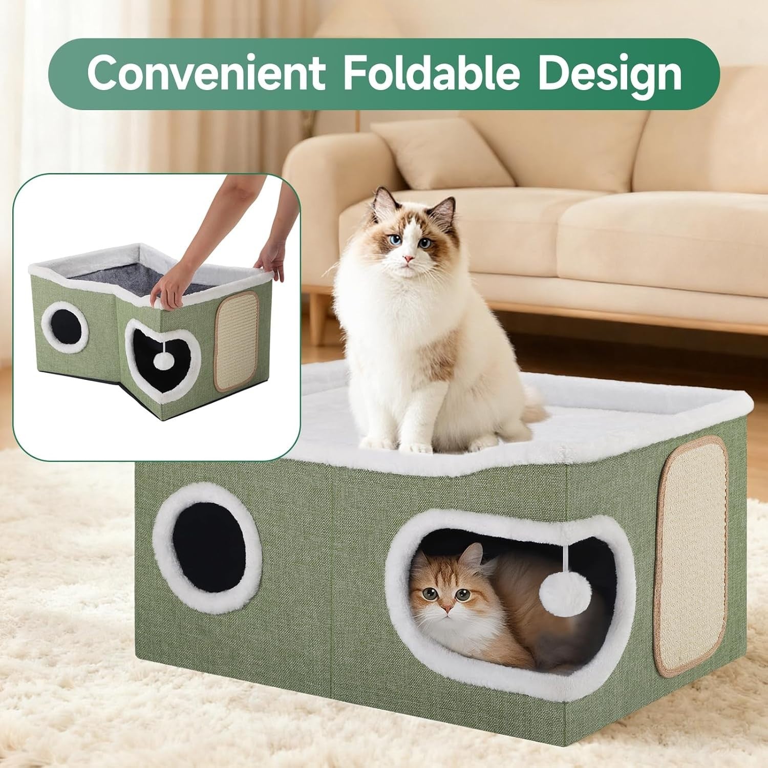 Extra Wide 2 Layer Cat Cube House Foldable Cave w Scratch Board Green