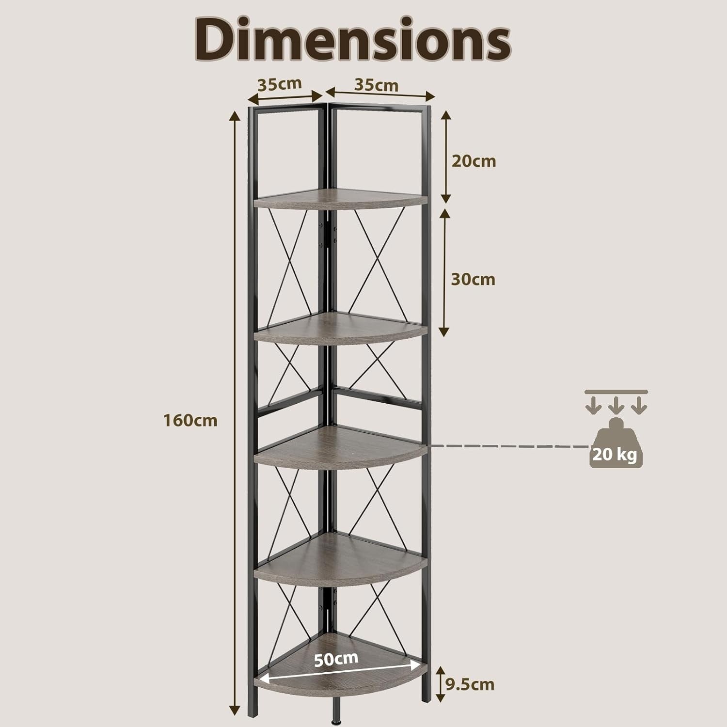 5 Tier Corner Ladder Shelf Oak Wood Display Unit Adjustable Foot Pads 35x35x160