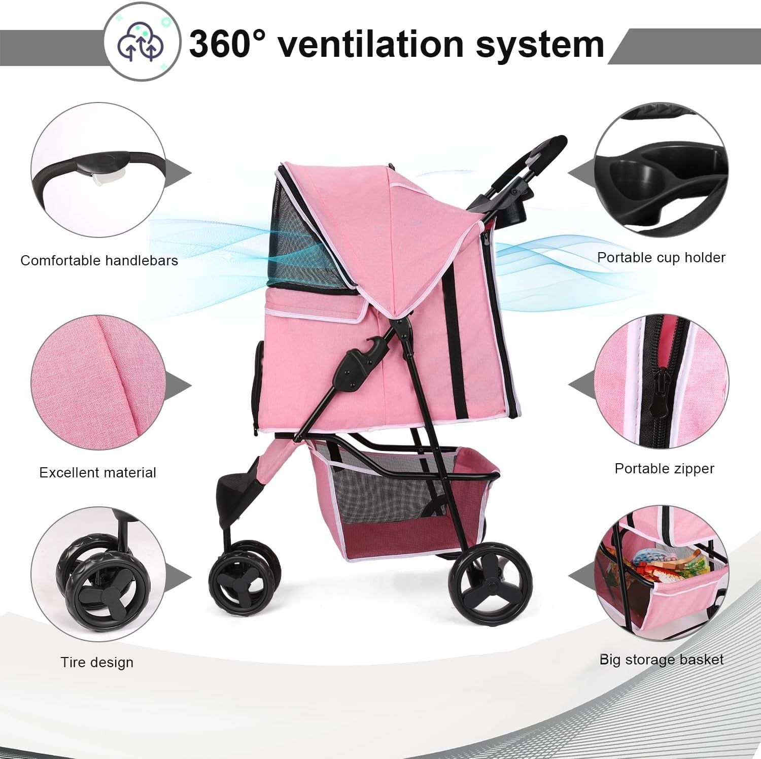 Pink Folding Pet Stroller Dog Cat Pushchair Storage Basket Easy Fold Wheels