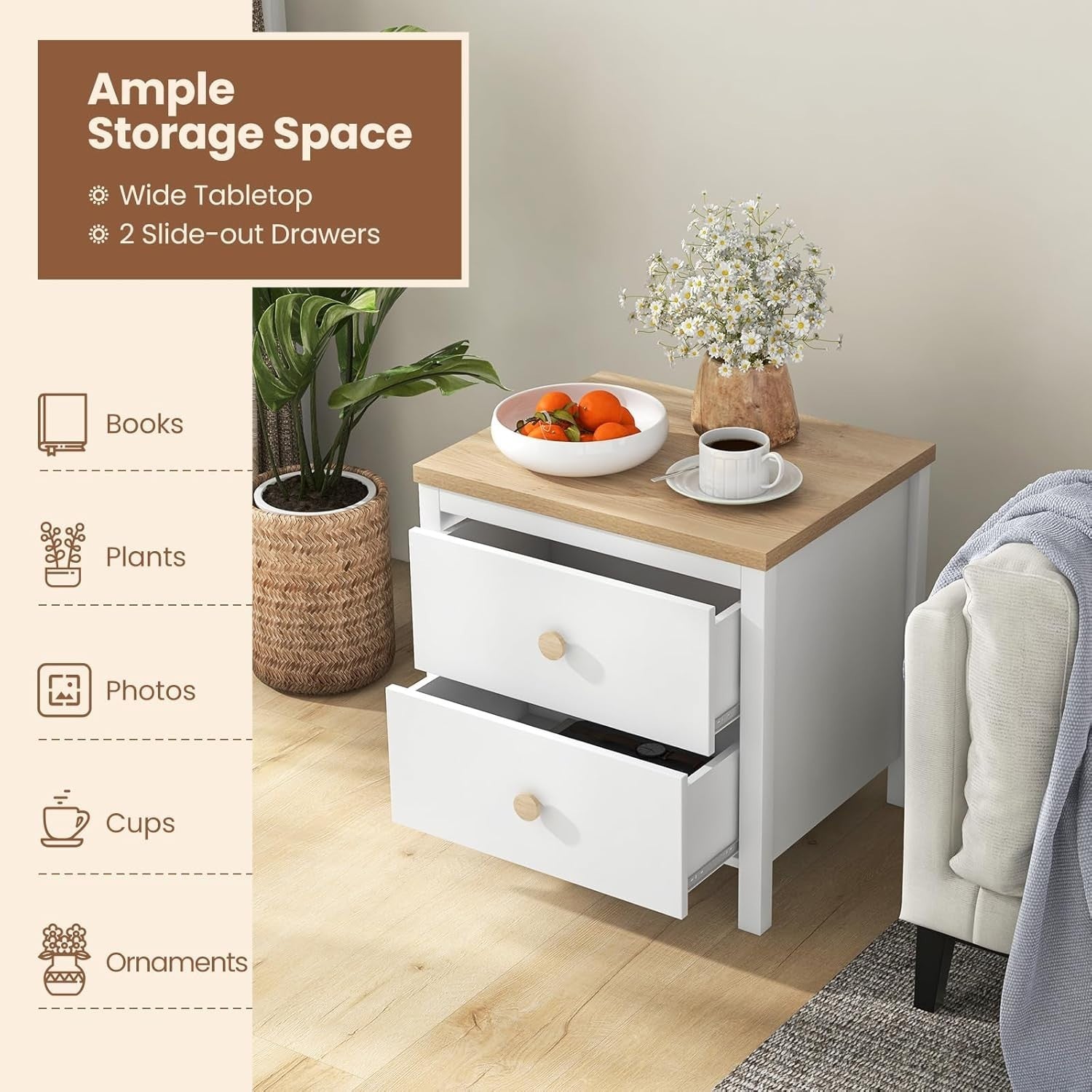 White 2 Drawer Bedside Table with Wood Top – Modern Nightstand