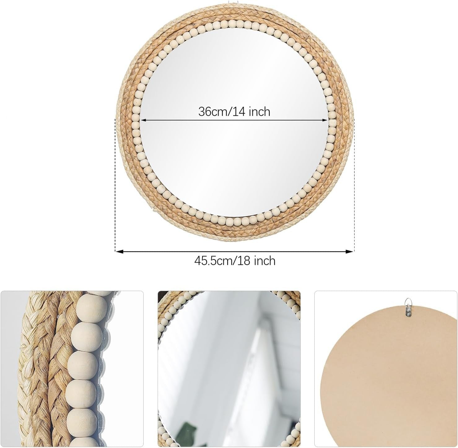 Boho Round Rattan Wall Mirror 45cm Hanging Farmhouse Decor