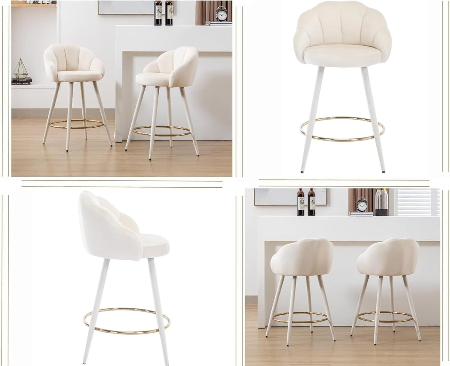 Beige Velvet Bar Stools Set of 2 Modern Kitchen Counter Breakfast Chairs