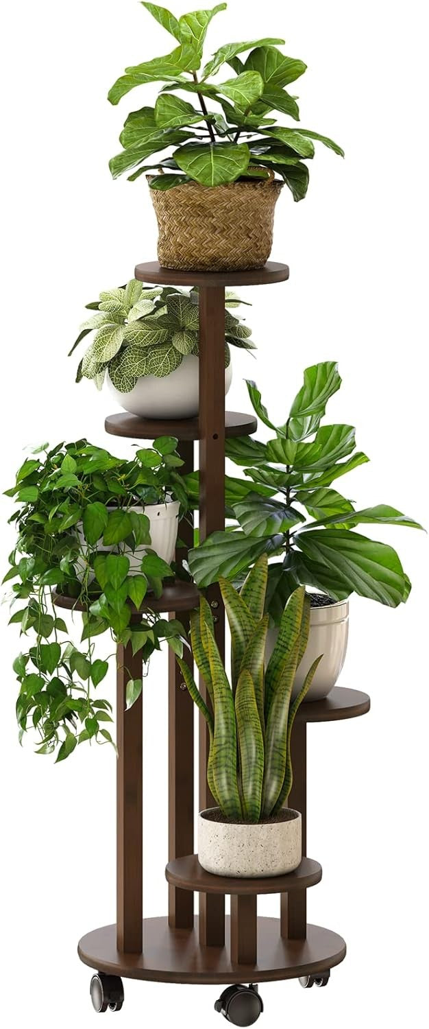 5 Tier Bamboo Plant Stand with Wheels Indoor Outdoor Corner Tall Flower Rack