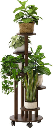 5 Tier Bamboo Plant Stand with Wheels Indoor Outdoor Corner Tall Flower Rack