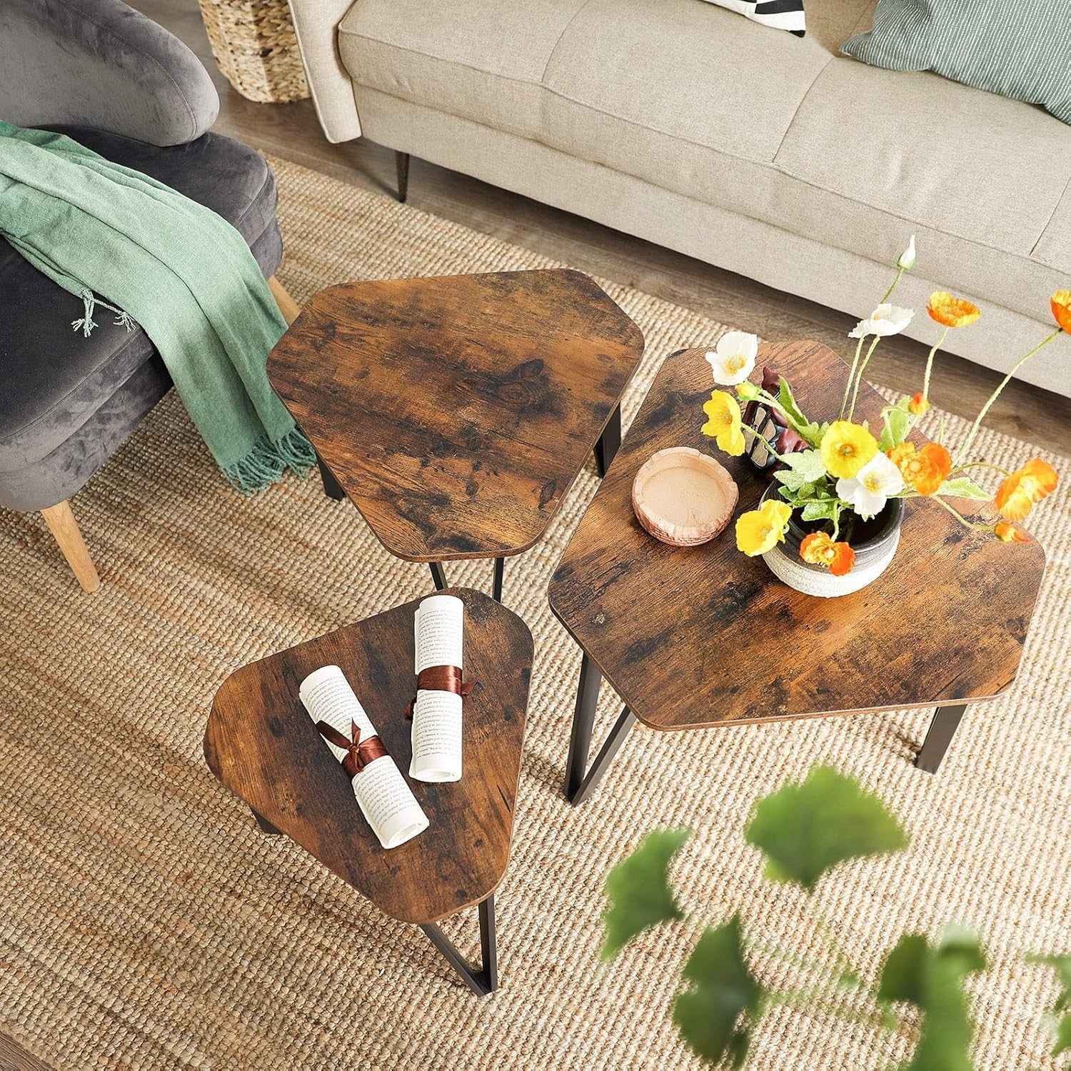 3pc Nesting Coffee Tables Set 51.9cm Industrial Side End Table Rustic Brown