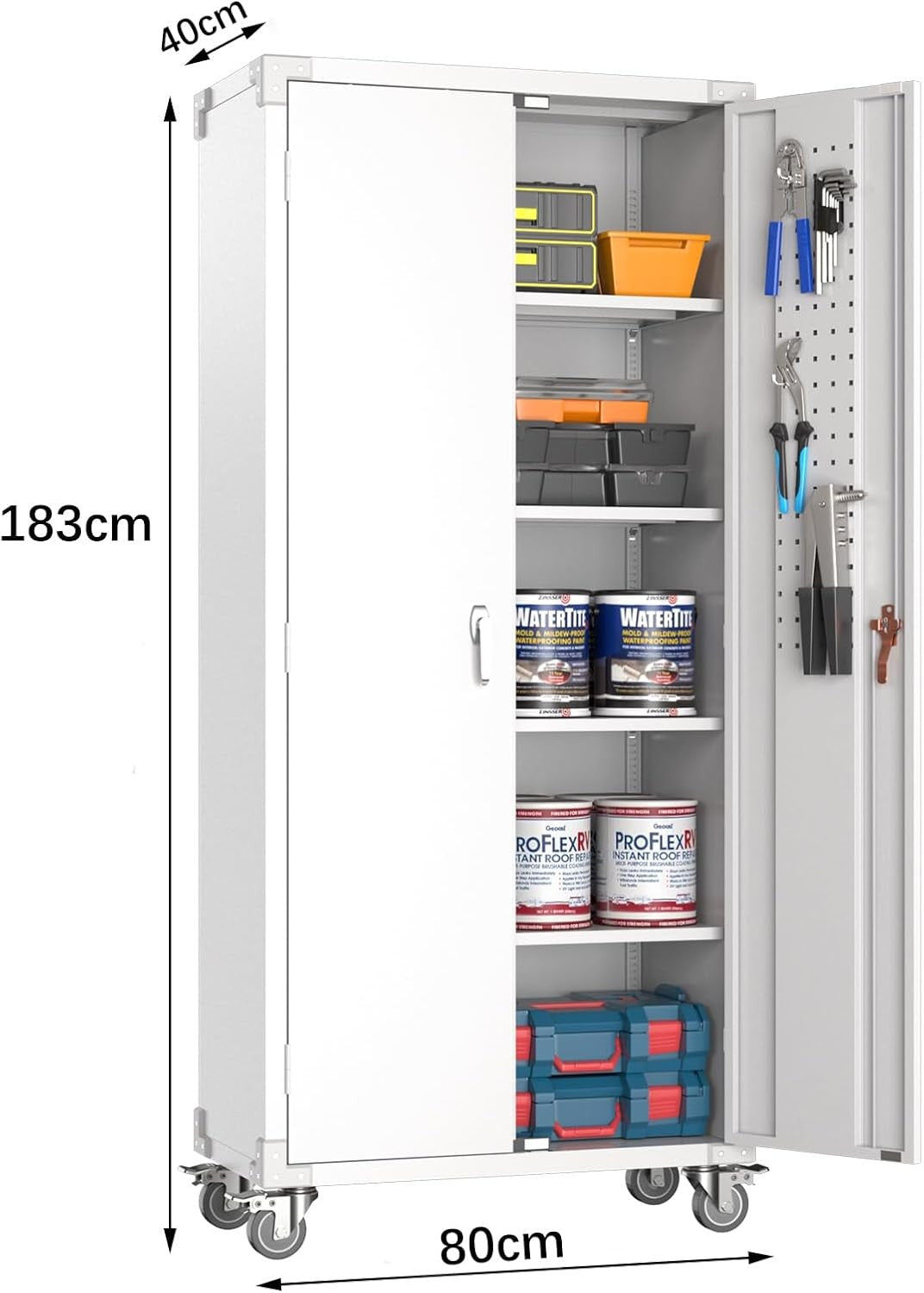 Tall Metal Storage Cabinet 183cm Lockable Doors Shelves Wheels Garage Office