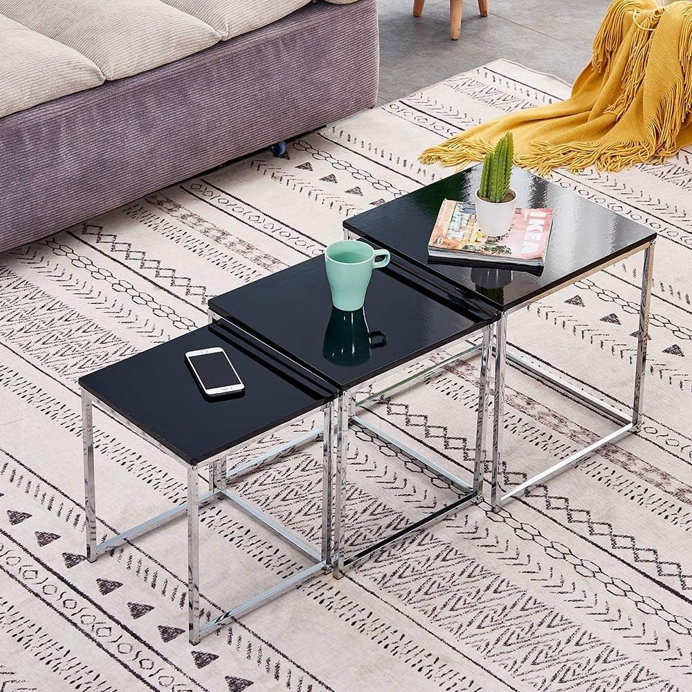 3PCS Black Modern Nesting Side End Table Set Metal Legs Wood Board Square
