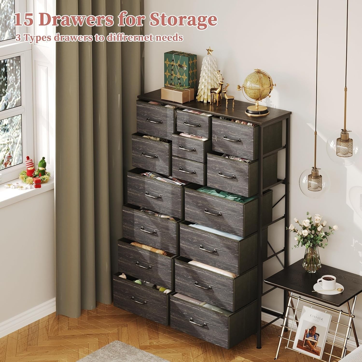 15 Drawer Fabric Chest Storage Unit Tall Dresser Wood Top Black Slim