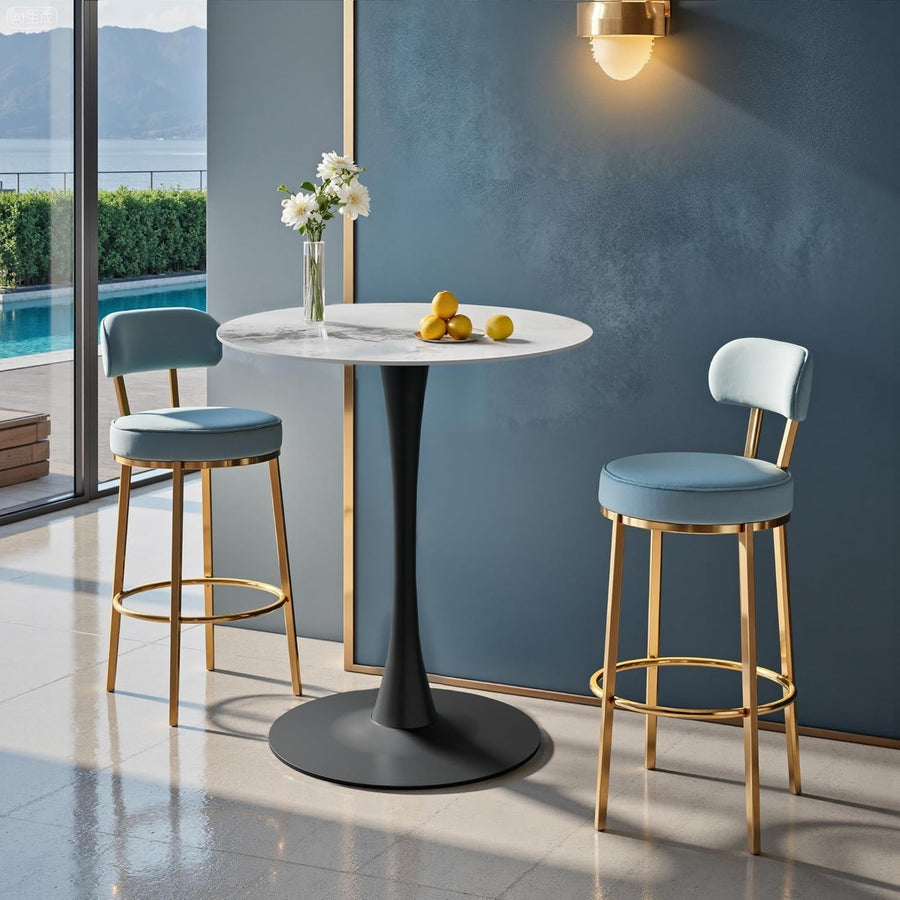 White 76cm Round Tall Bar Table 100cm Sintered Stone Top with Black Metal Base