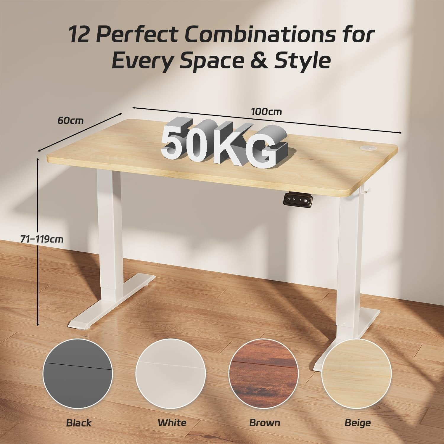 Electric Standing Desk 100x60cm Adjustable Sit Stand Beige Table with Memory