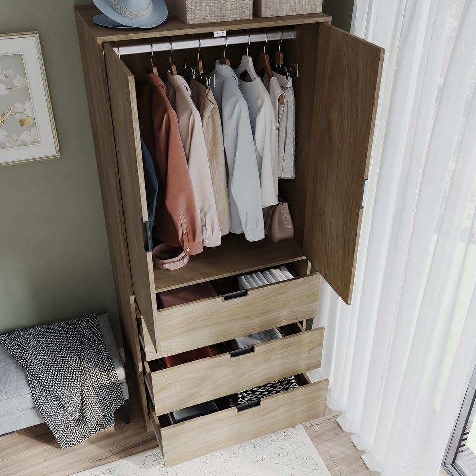 Modern Oak 2-Door Wardrobe with 3 Drawers, Clothes Rail & Spacious Storage