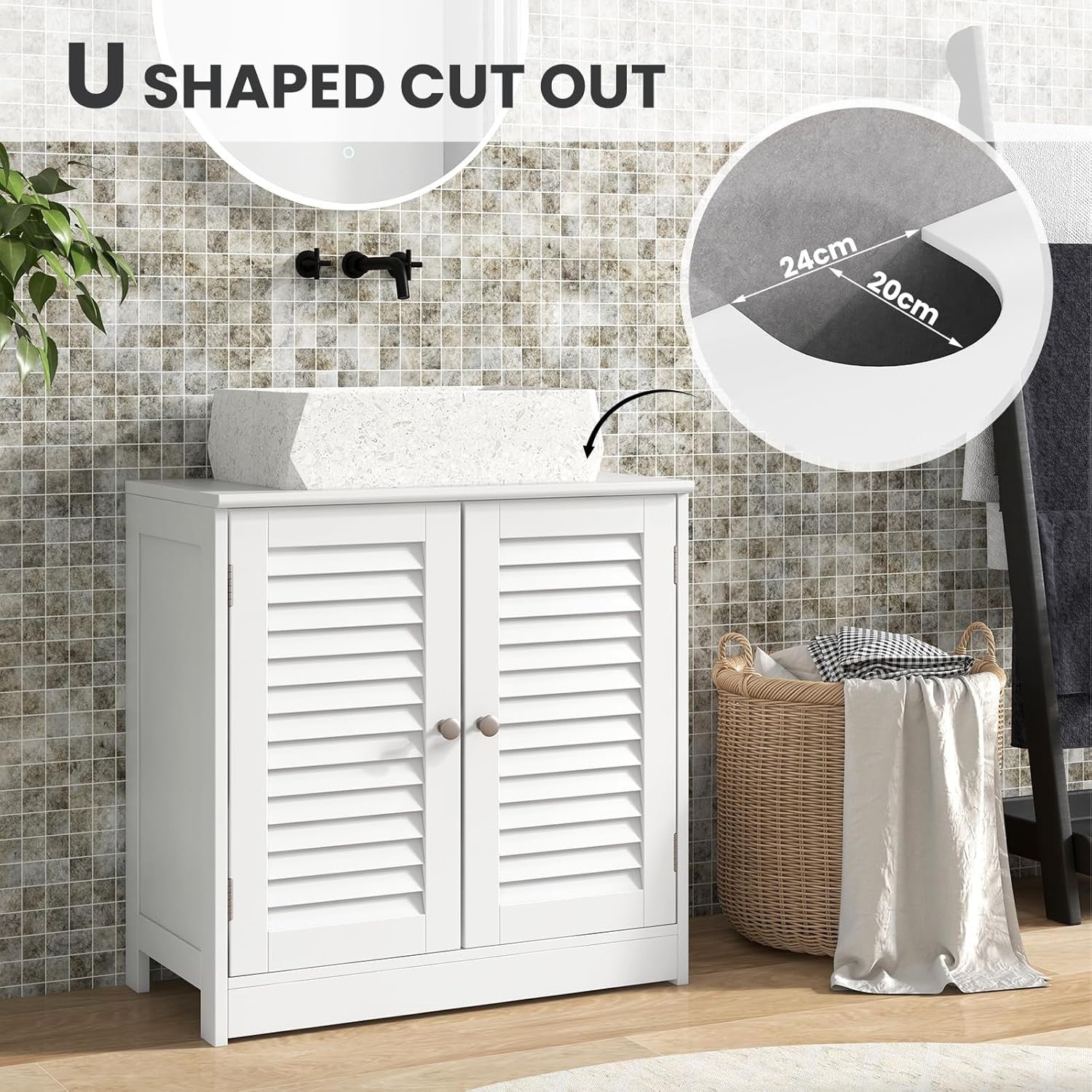 White Under Sink Bathroom Cabinet – 2 Shutter Doors Storage Unit 60x30x60cm
