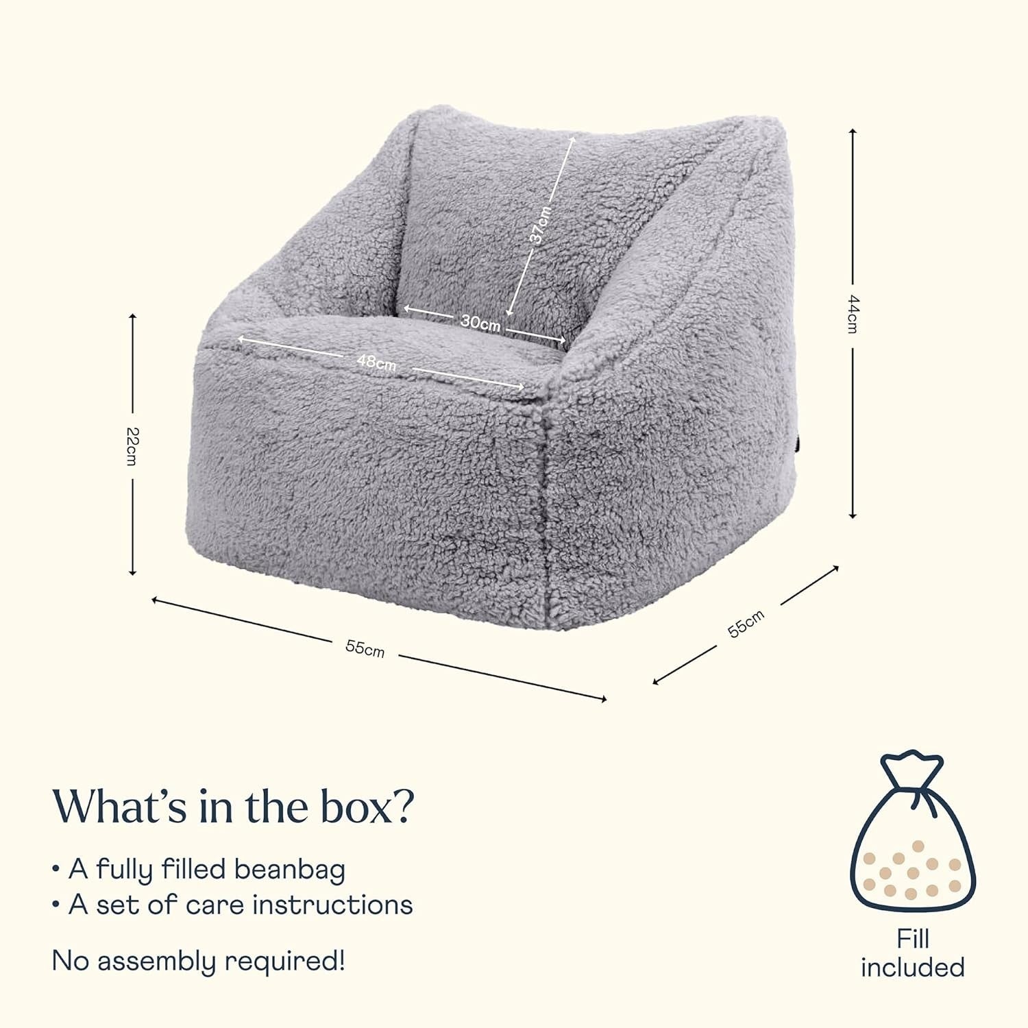 Grey Teddy Fleece Kids Bean Bag Chair – Soft Supportive Bedroom Seat