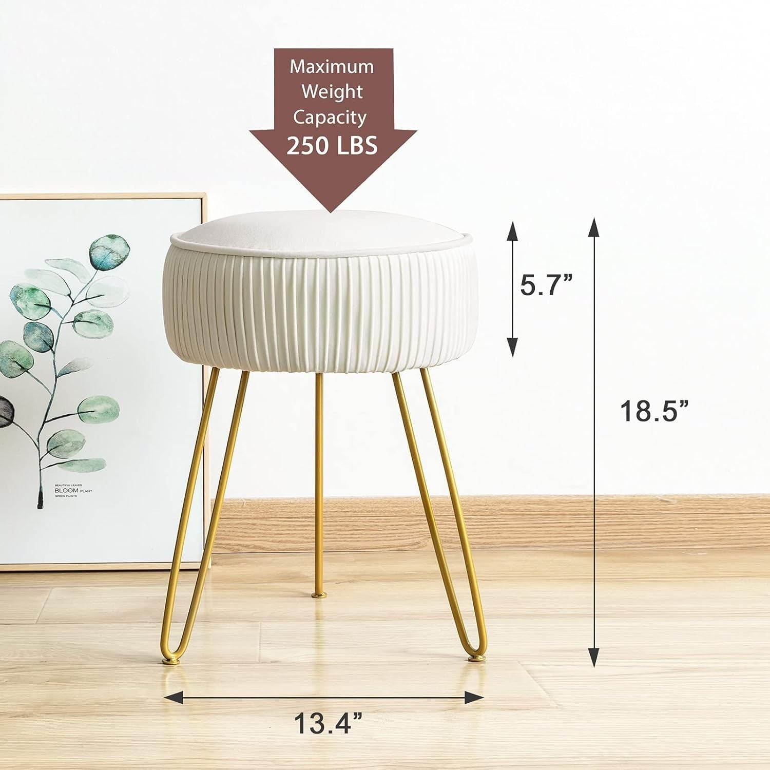 White Velvet Pleated Vanity Stool Round Ottoman with Gold Steel Legs