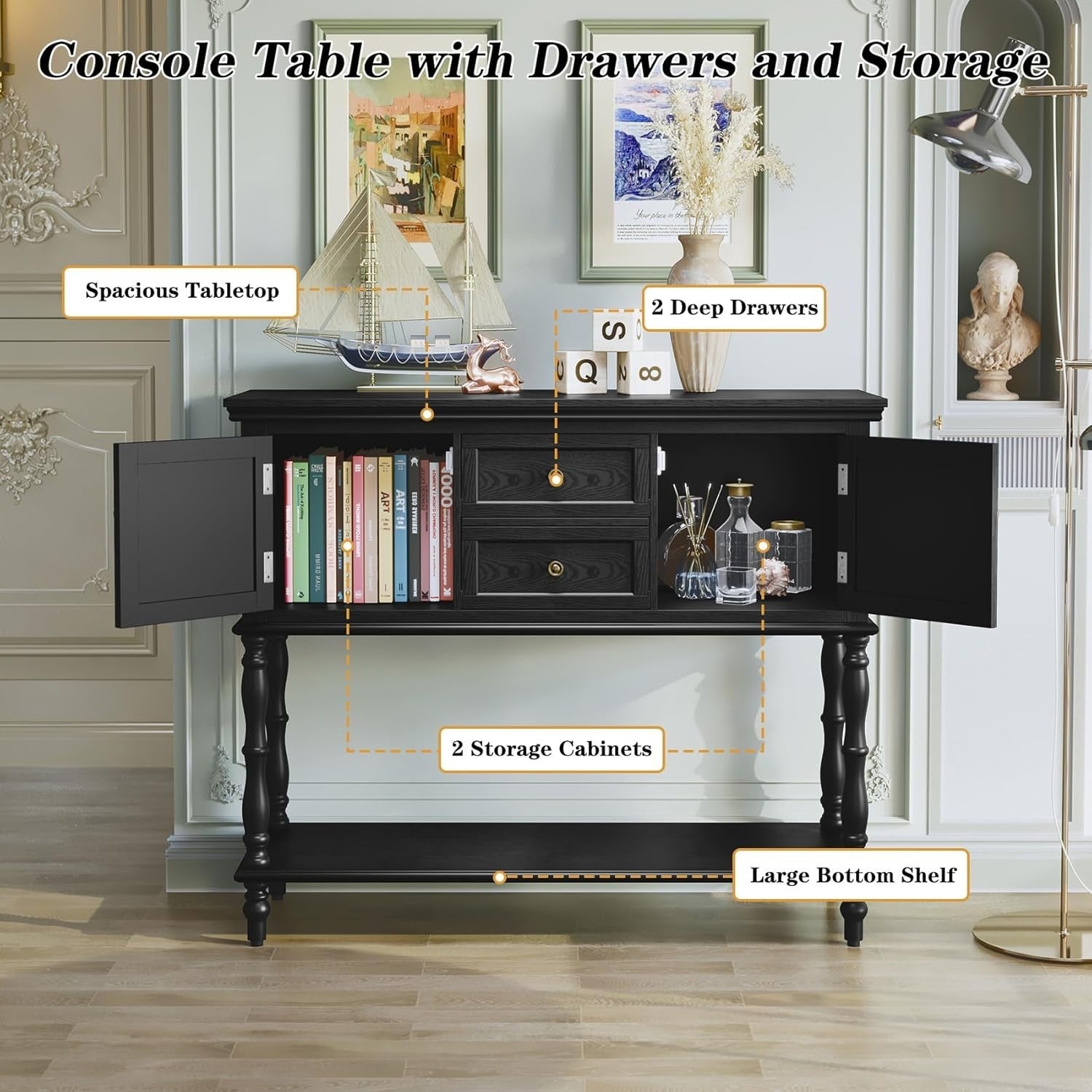 Vintage Black Console Table with Drawers & Storage - Retro Hallway & Living Room
