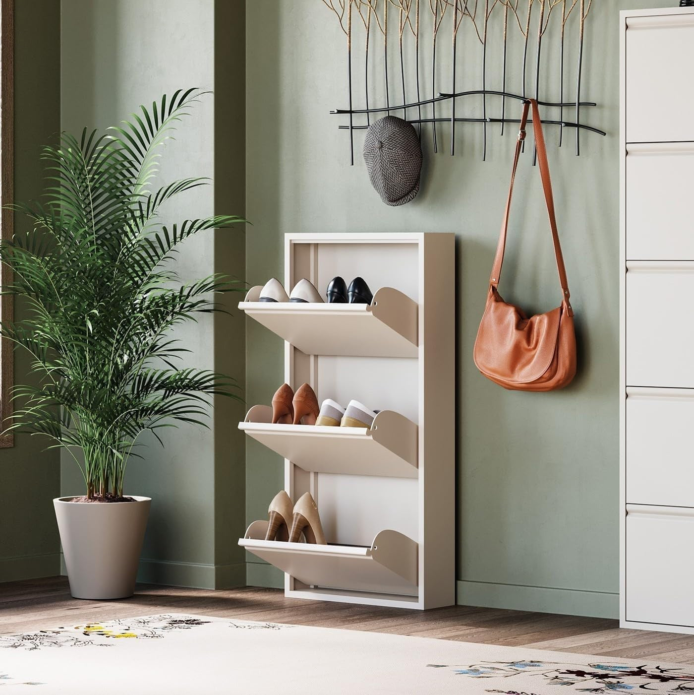 Slim Cream Shoe Cabinet 3 Flip Compartments Space-Saving Storage
